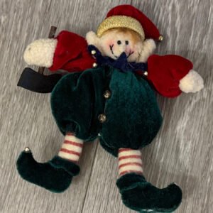 Vintage Christmas Elf Ornament – Plush Hanging Decoration with Gold Trim & Curled Shoes